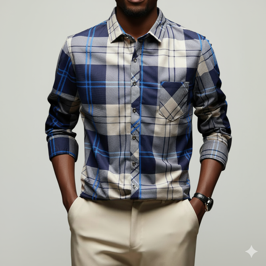 Men’s Classic Blue & Beige Plaid Cotton Shirt