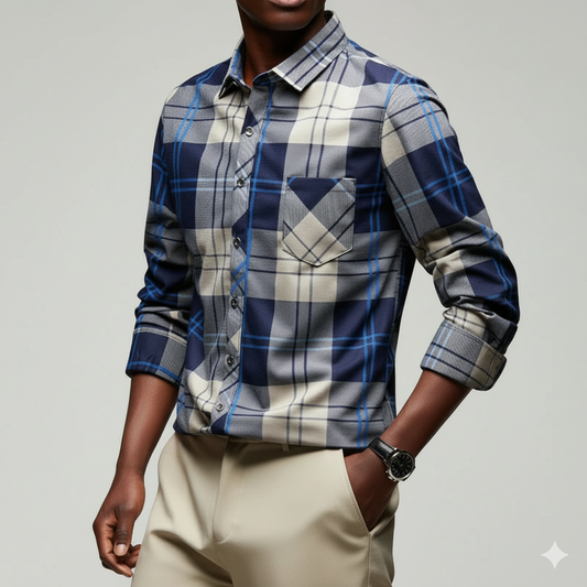Men’s Classic Blue & Beige Plaid Cotton Shirt